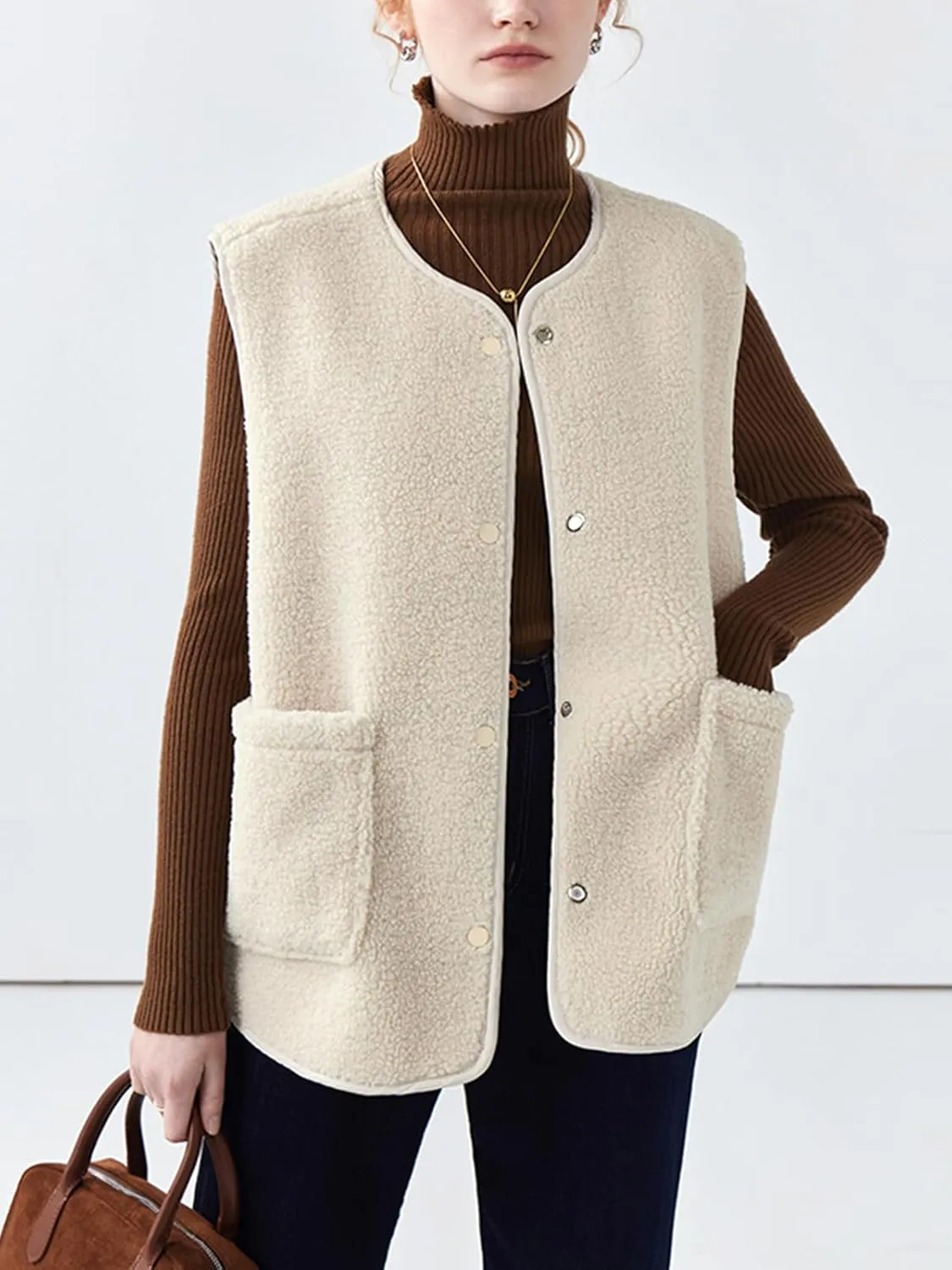 Women's Fuzzy Sherpa Fleece Vest Casual Reversible Plaid Sleeveless Warm Jacket Button Down Winter Outerwear