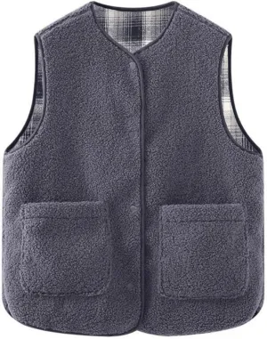 Women's Fuzzy Sherpa Fleece Vest Casual Reversible Plaid Sleeveless Warm Jacket Button Down Winter Outerwear