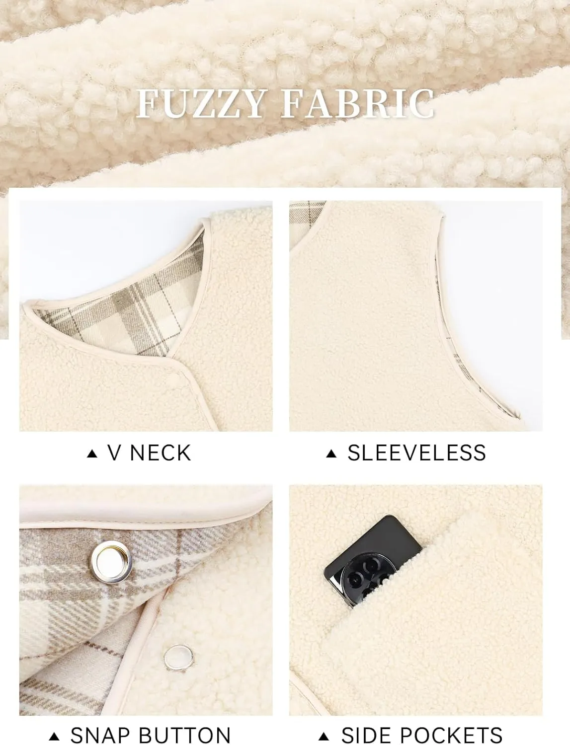 Women's Fuzzy Sherpa Fleece Vest Casual Reversible Plaid Sleeveless Warm Jacket Button Down Winter Outerwear