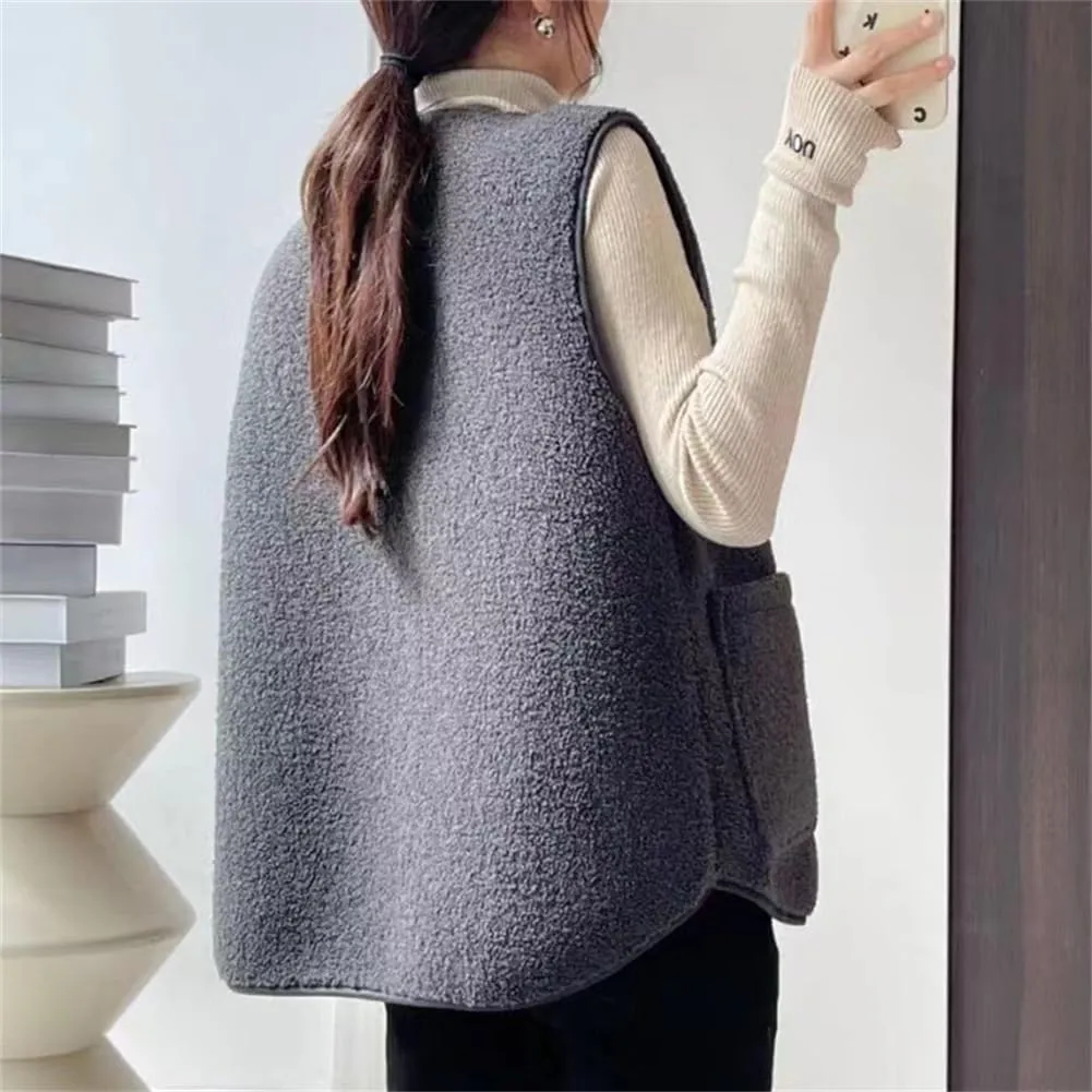 Women's Fuzzy Sherpa Fleece Vest Casual Reversible Plaid Sleeveless Warm Jacket Button Down Winter Outerwear