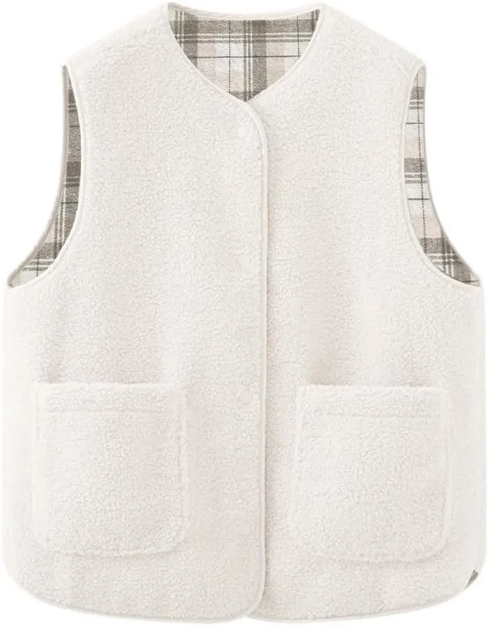 Women's Fuzzy Sherpa Fleece Vest Casual Reversible Plaid Sleeveless Warm Jacket Button Down Winter Outerwear