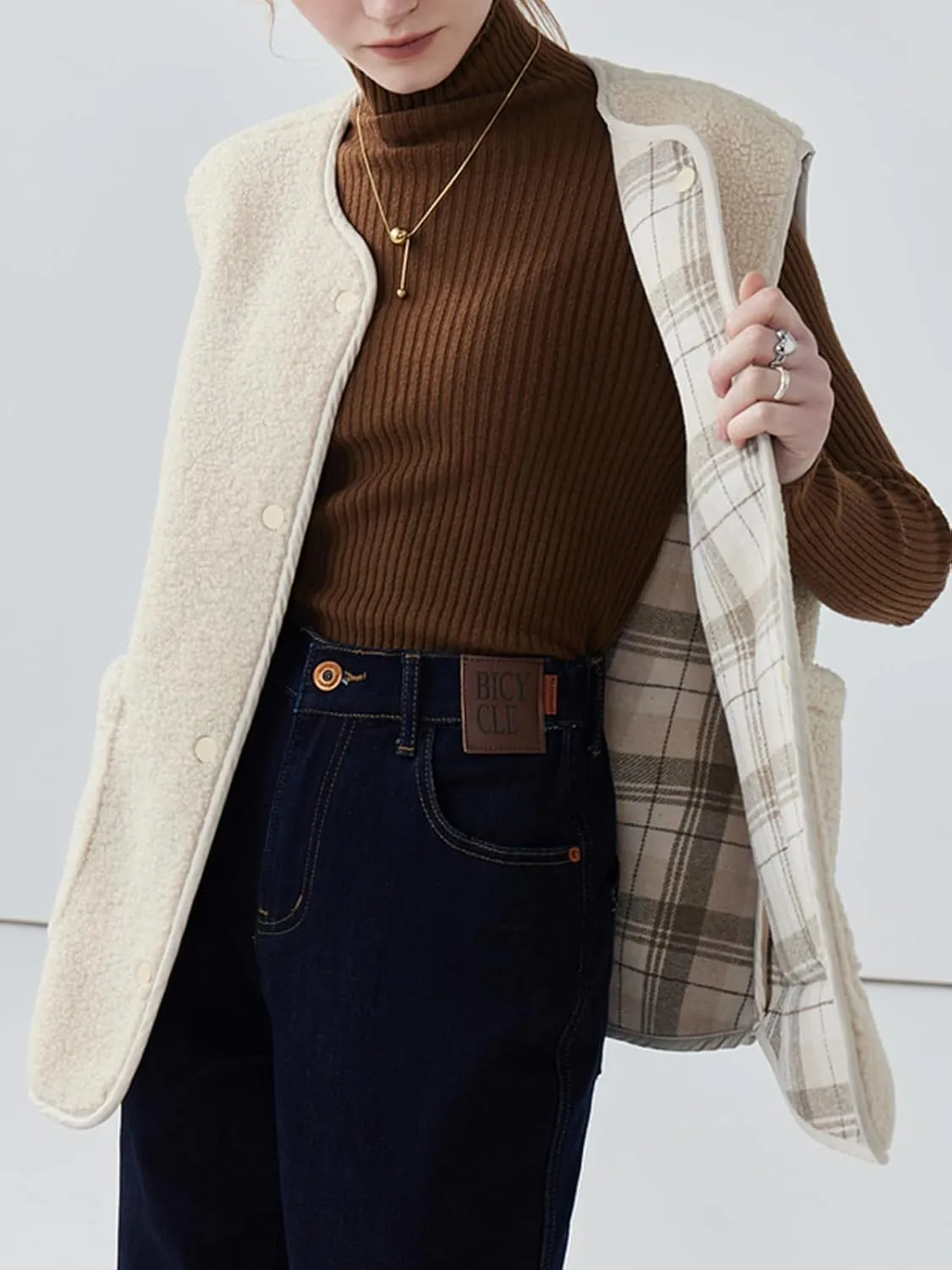Women's Fuzzy Sherpa Fleece Vest Casual Reversible Plaid Sleeveless Warm Jacket Button Down Winter Outerwear