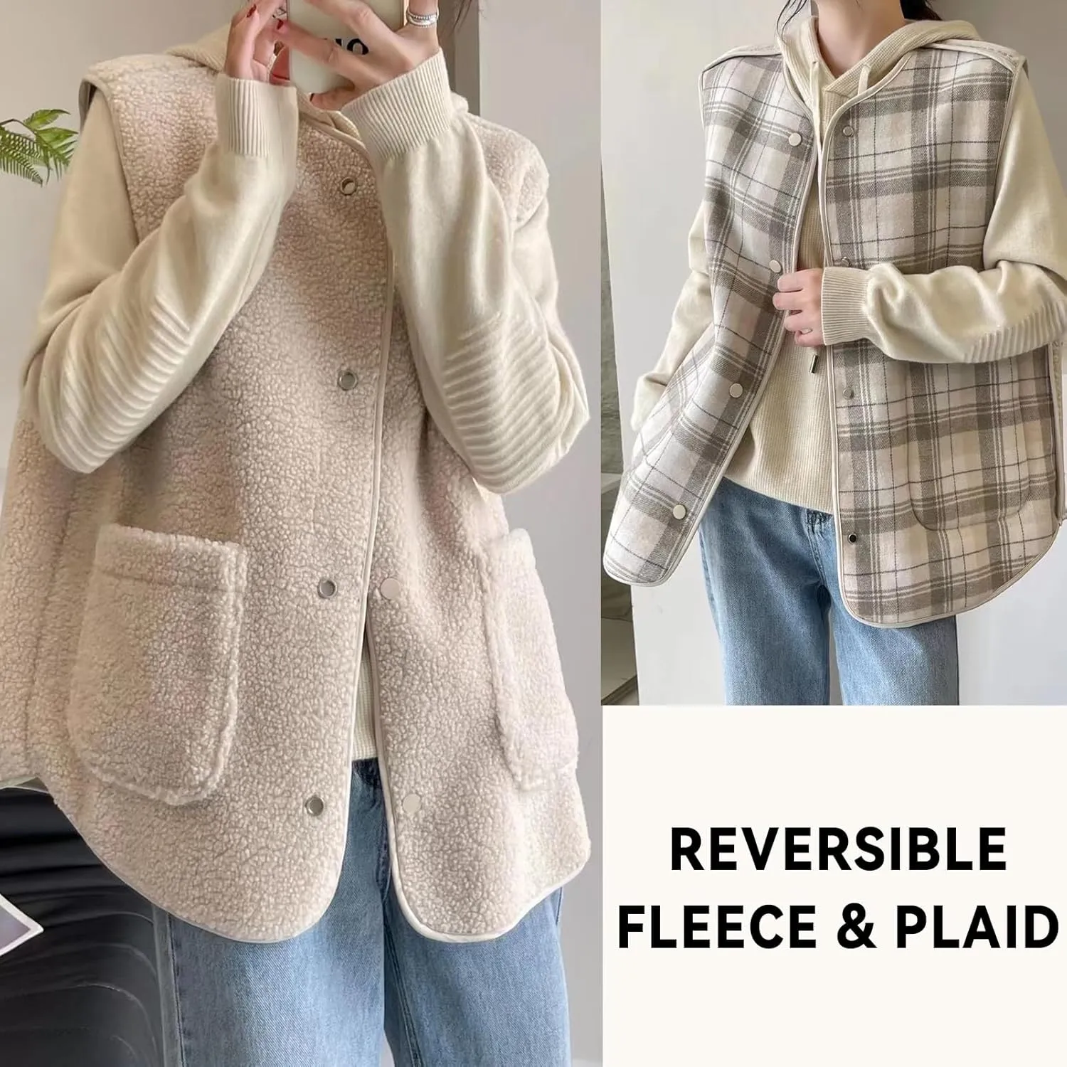 Women's Fuzzy Sherpa Fleece Vest Casual Reversible Plaid Sleeveless Warm Jacket Button Down Winter Outerwear
