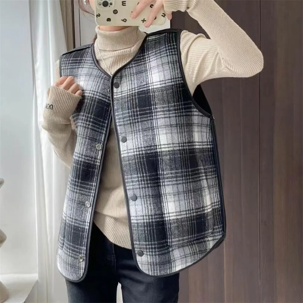 Women's Fuzzy Sherpa Fleece Vest Casual Reversible Plaid Sleeveless Warm Jacket Button Down Winter Outerwear