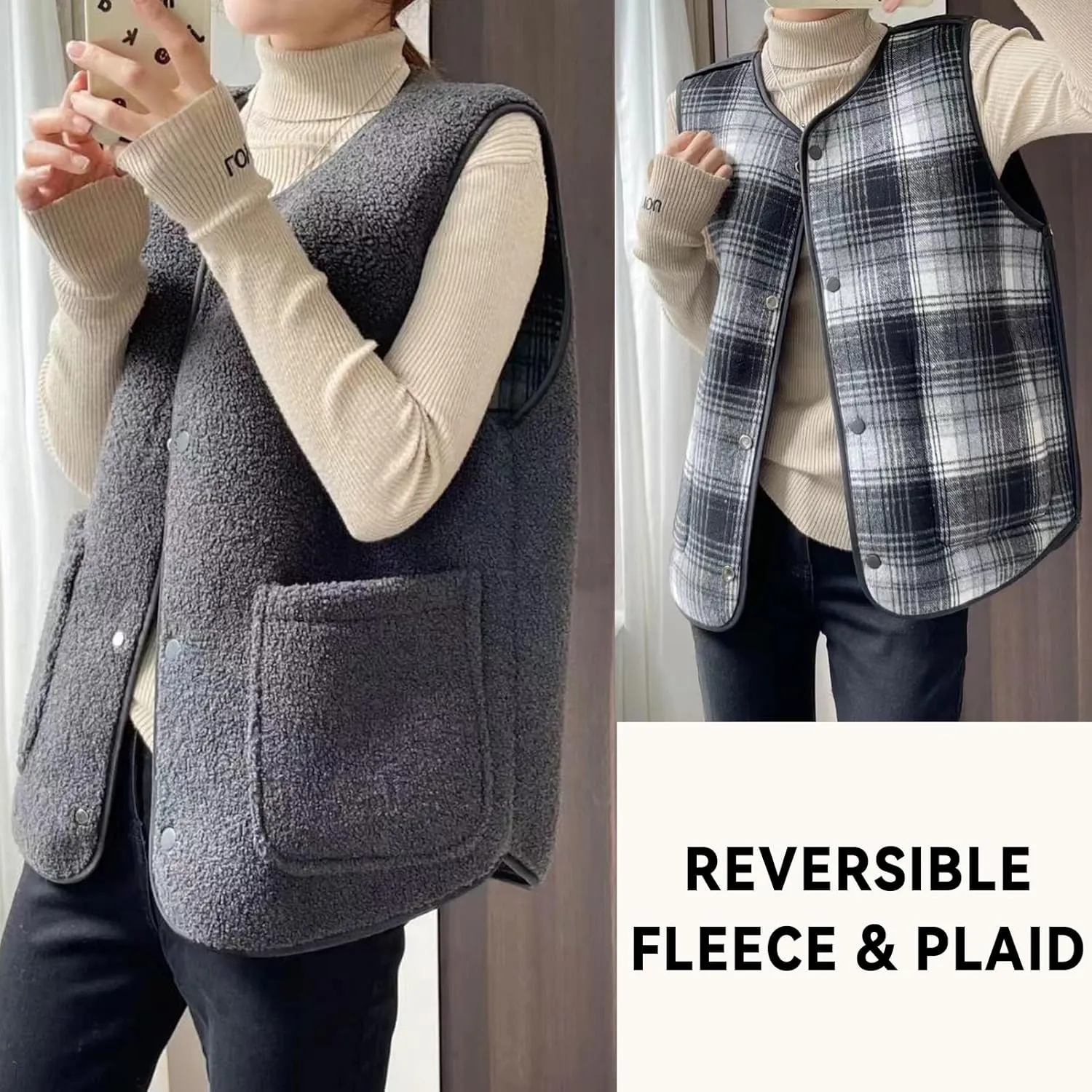 Women's Fuzzy Sherpa Fleece Vest Casual Reversible Plaid Sleeveless Warm Jacket Button Down Winter Outerwear