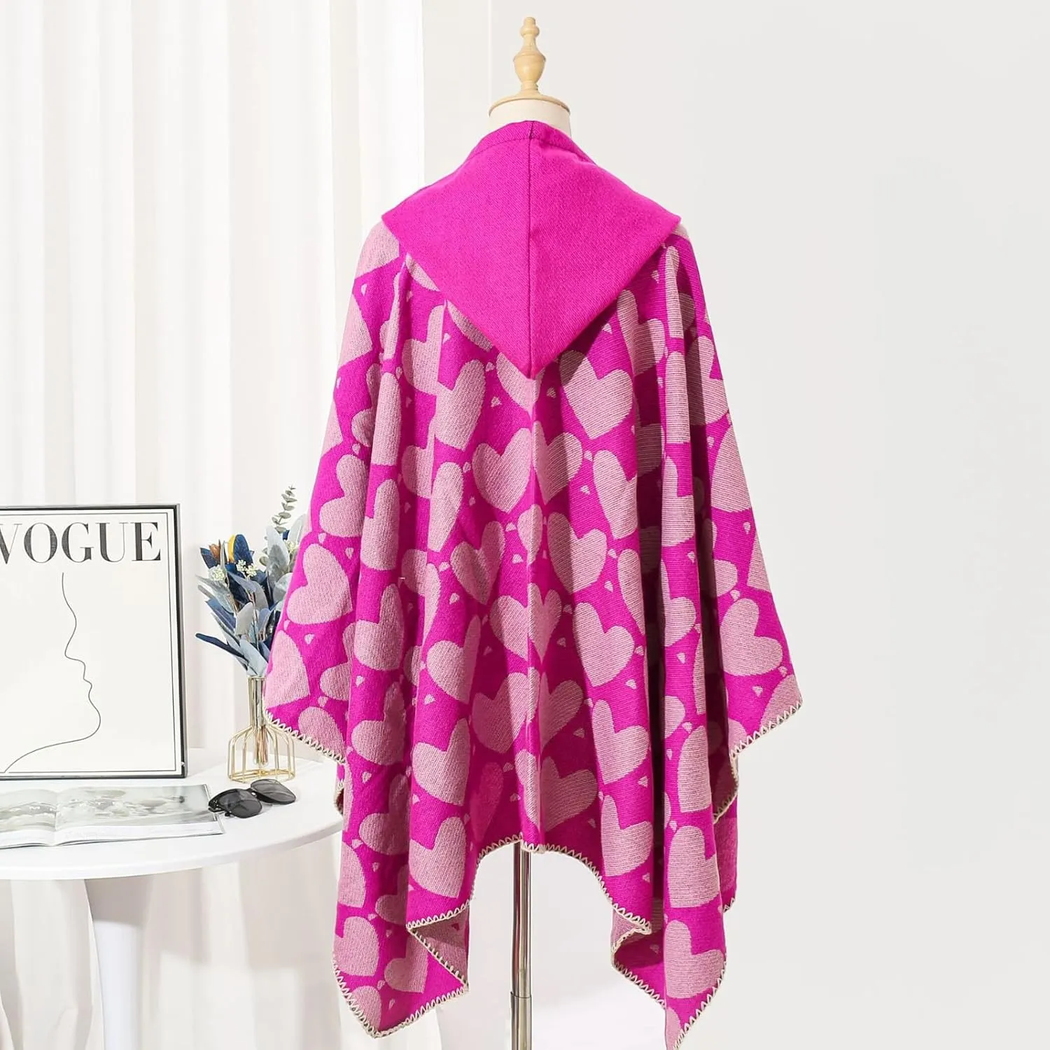 Women's Hooded Cloak Shawls Wraps Heart Print Scarf Shawl Soft Warm Poncho Cape Open Front Cardigan Coat