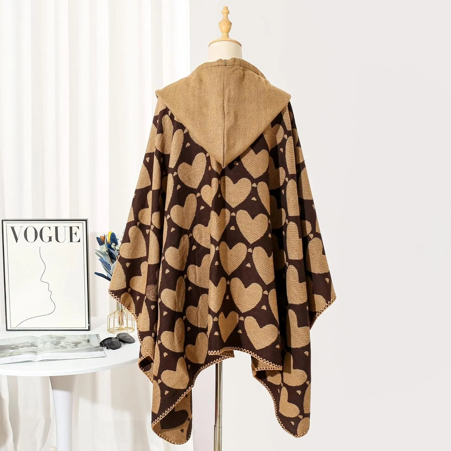 Women's Hooded Cloak Shawls Wraps Heart Print Scarf Shawl Soft Warm Poncho Cape Open Front Cardigan Coat