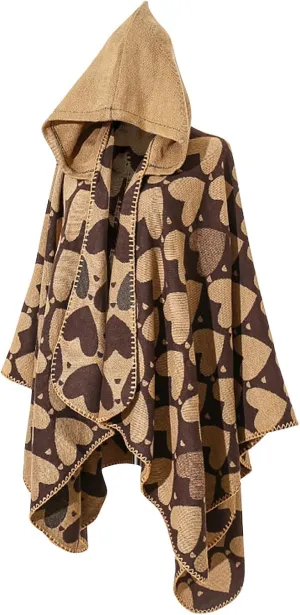 Women's Hooded Cloak Shawls Wraps Heart Print Scarf Shawl Soft Warm Poncho Cape Open Front Cardigan Coat