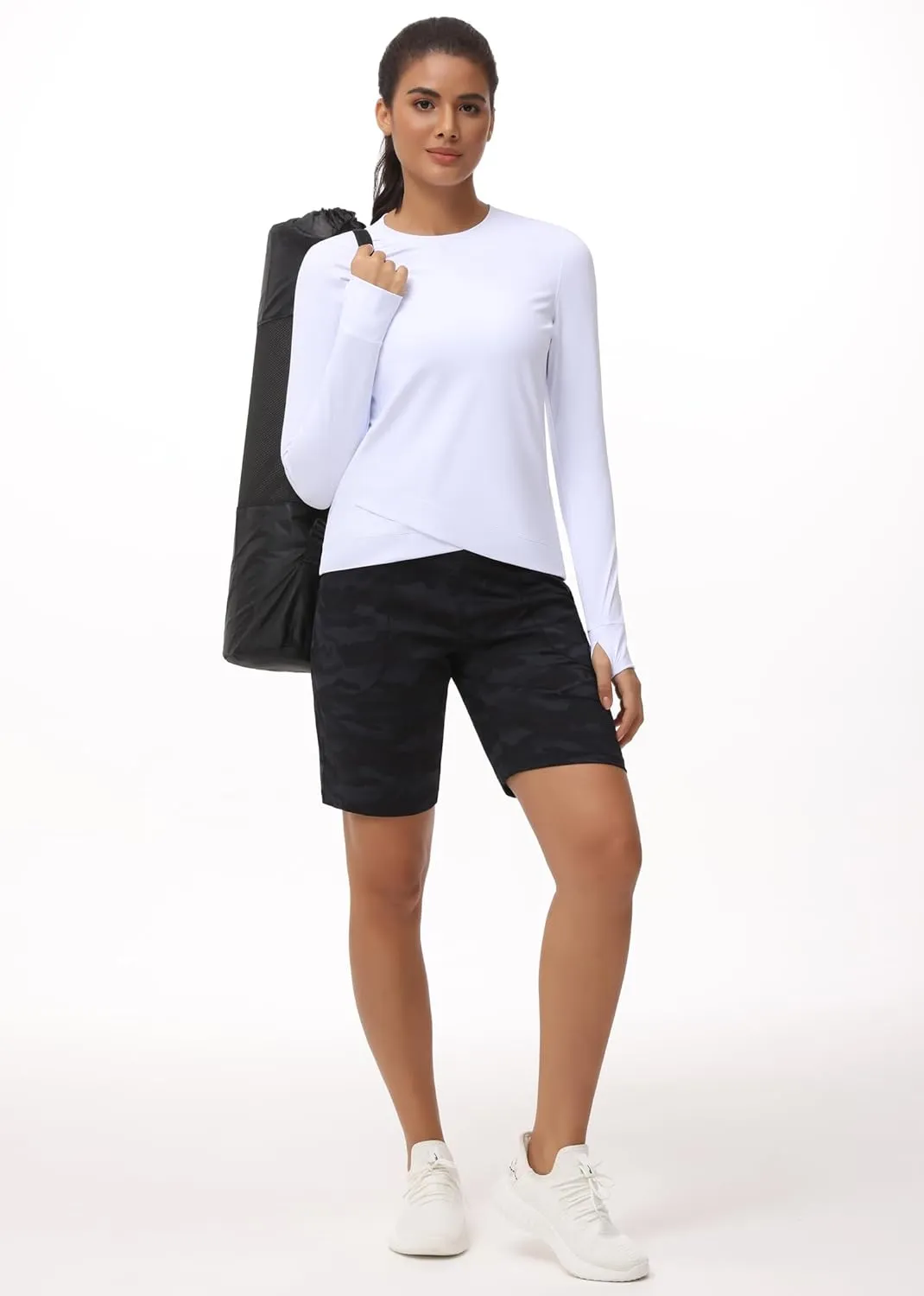 Women's Long Sleeve Compression Shirts Workout Tops Cross Hem Athletic Running Yoga T-Shirts with Thumb Hole