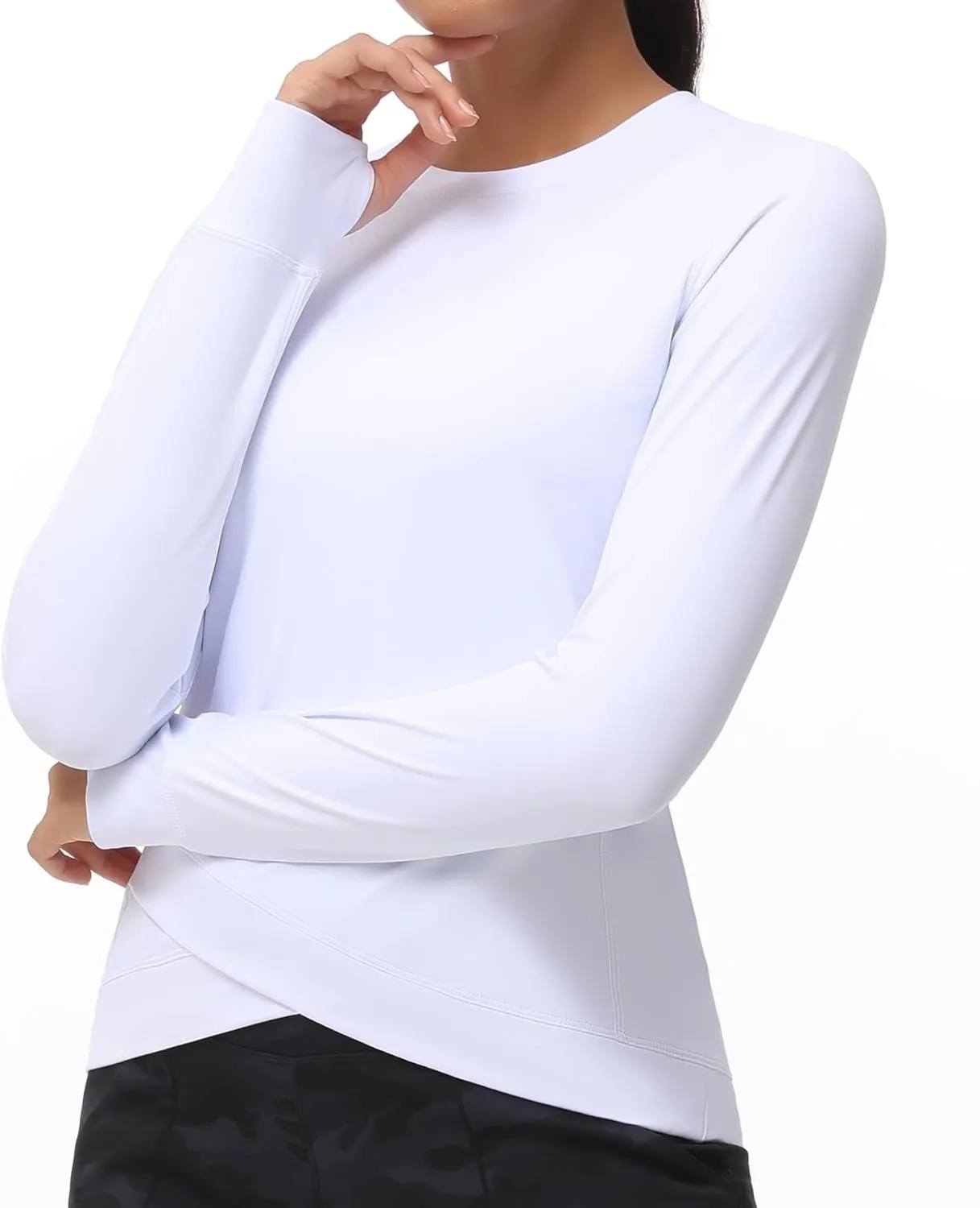 Women's Long Sleeve Compression Shirts Workout Tops Cross Hem Athletic Running Yoga T-Shirts with Thumb Hole