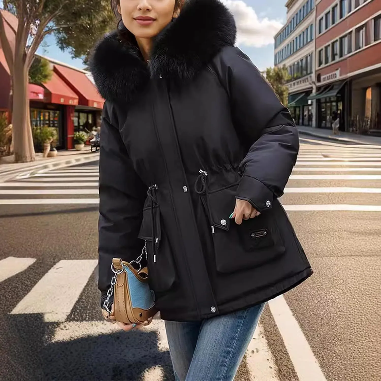 Women's Long Sleeve Winter Parka Coat With Faux Fur Hood Warm Windproof Jacket For Cold