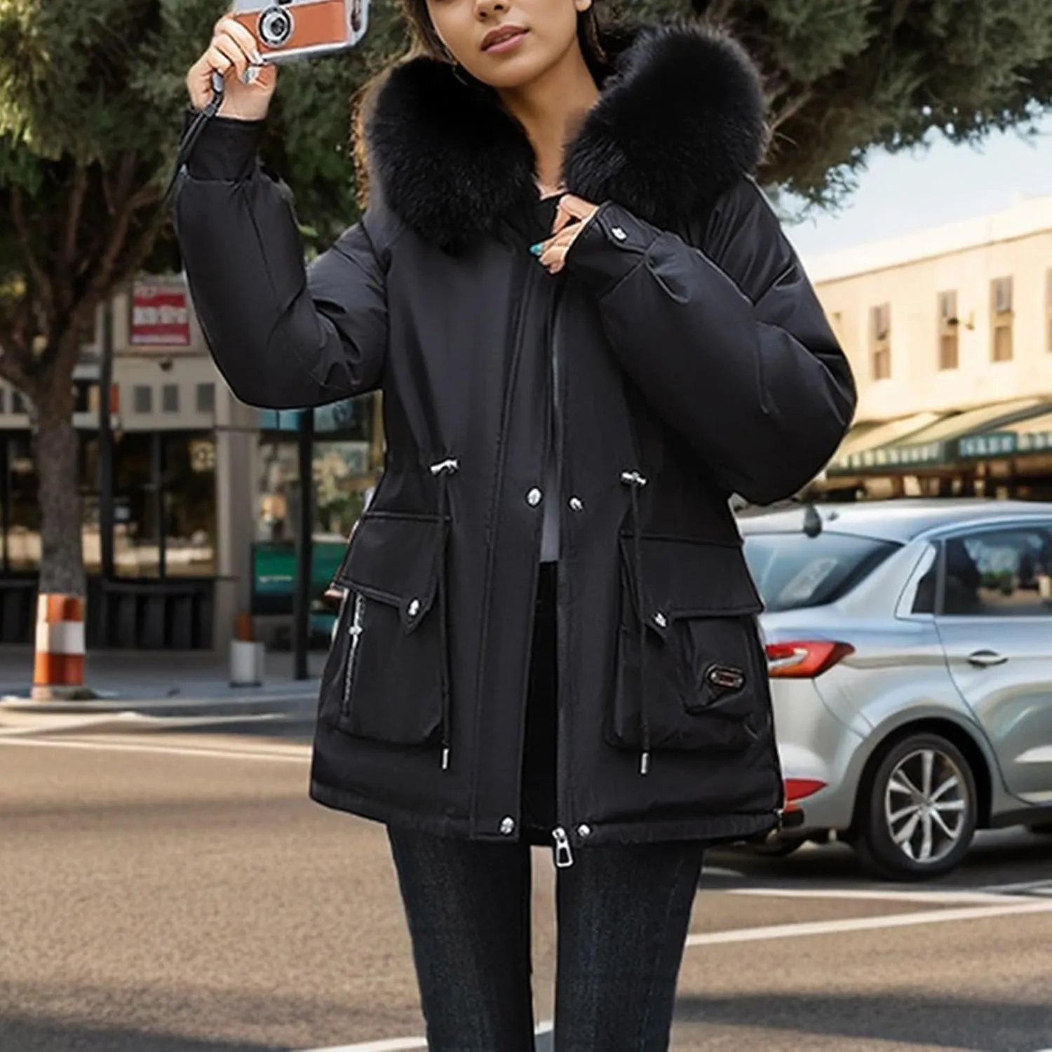 Women's Long Sleeve Winter Parka Coat With Faux Fur Hood Warm Windproof Jacket For Cold