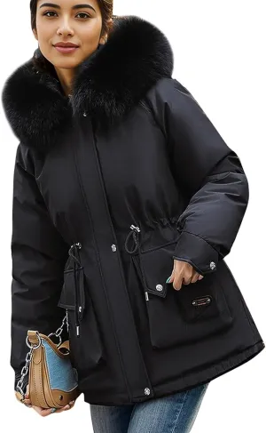 Women's Long Sleeve Winter Parka Coat With Faux Fur Hood Warm Windproof Jacket For Cold