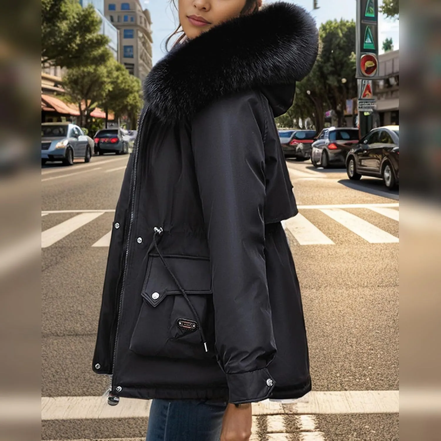 Women's Long Sleeve Winter Parka Coat With Faux Fur Hood Warm Windproof Jacket For Cold