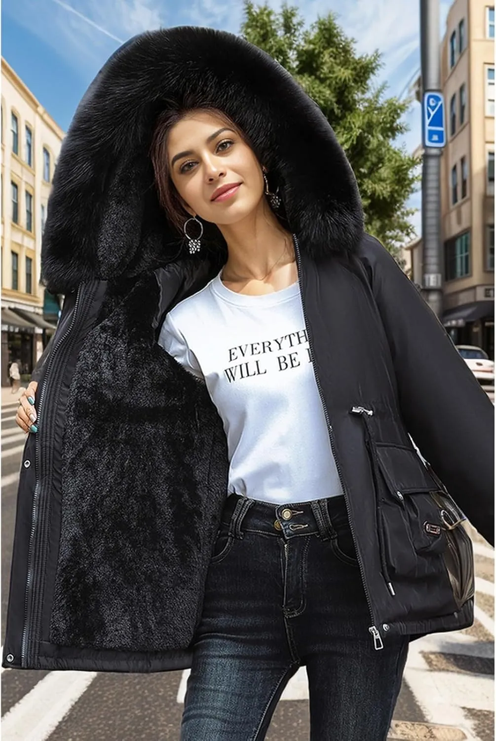 Women's Long Sleeve Winter Parka Coat With Faux Fur Hood Warm Windproof Jacket For Cold
