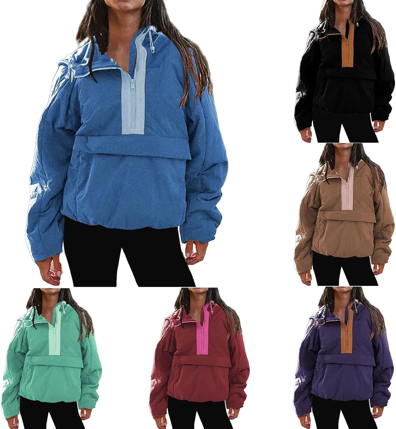 Womens Oversized Puffer Pullover Jacket Half Zip Puffer Coat Lightweight Quilted Hoodie with Drawstring