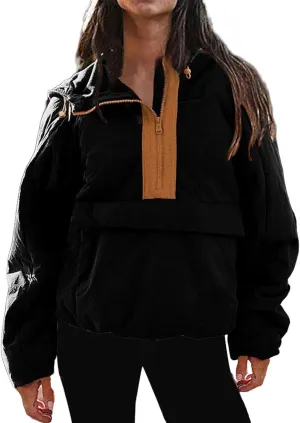 Womens Oversized Puffer Pullover Jacket Half Zip Puffer Coat Lightweight Quilted Hoodie with Drawstring