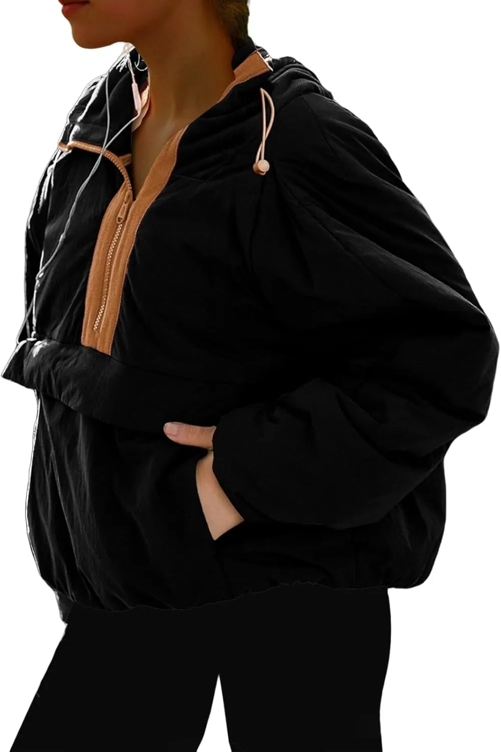 Womens Oversized Puffer Pullover Jacket Half Zip Puffer Coat Lightweight Quilted Hoodie with Drawstring