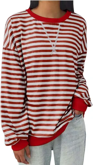 Women's Oversized Striped Color Block Sweatshirts Tops Long Sleeve Crewneck Baggy Y2k Preppy Pullover Shirt Blouse