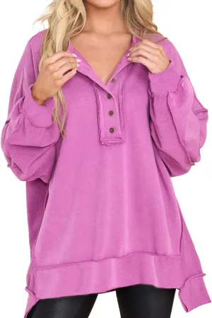 Womens Oversized Sweatshirt Casual Long Sleeve Shirts Button Henley Neck Pullover Patchwork Tunic Tops Fall Outfits