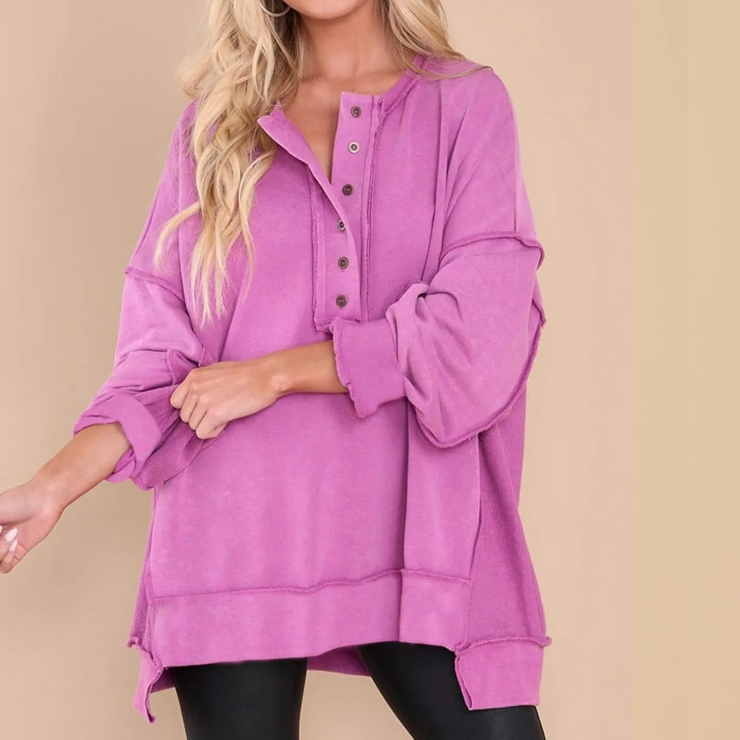 Womens Oversized Sweatshirt Casual Long Sleeve Shirts Button Henley Neck Pullover Patchwork Tunic Tops Fall Outfits