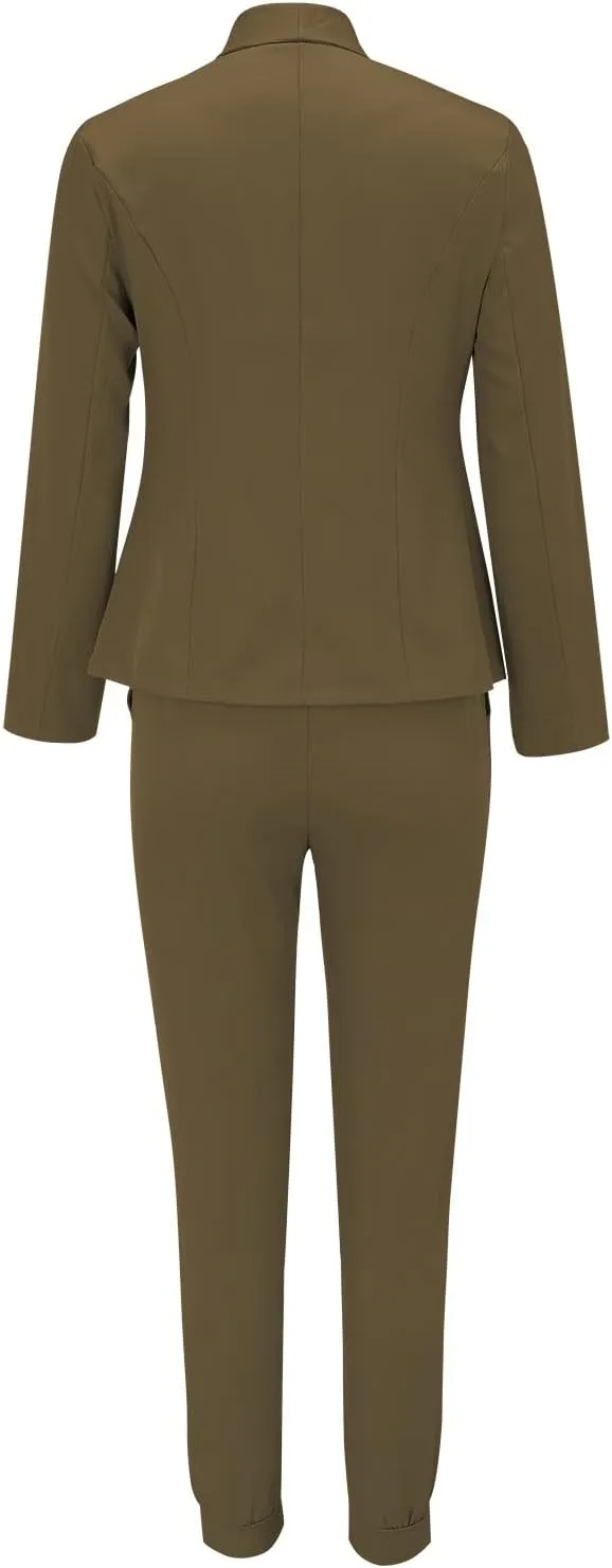 Women's Suit Coat and Pant Set Ladies Fashion Business Casual Loose Solid Long Blazer Coat & 3/4 Leg Pants 2PC Suit