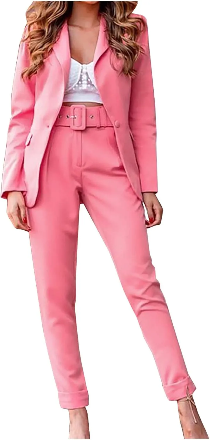 Women's Suit Coat and Pant Set Ladies Fashion Business Casual Loose Solid Long Blazer Coat & 3/4 Leg Pants 2PC Suit