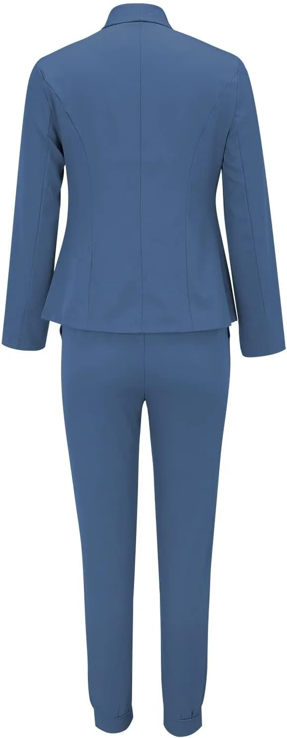 Women's Suit Coat and Pant Set Ladies Fashion Business Casual Loose Solid Long Blazer Coat & 3/4 Leg Pants 2PC Suit