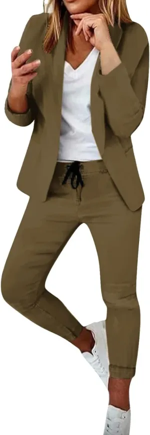 Women's Suit Coat and Pant Set Ladies Fashion Business Casual Loose Solid Long Blazer Coat & 3/4 Leg Pants 2PC Suit