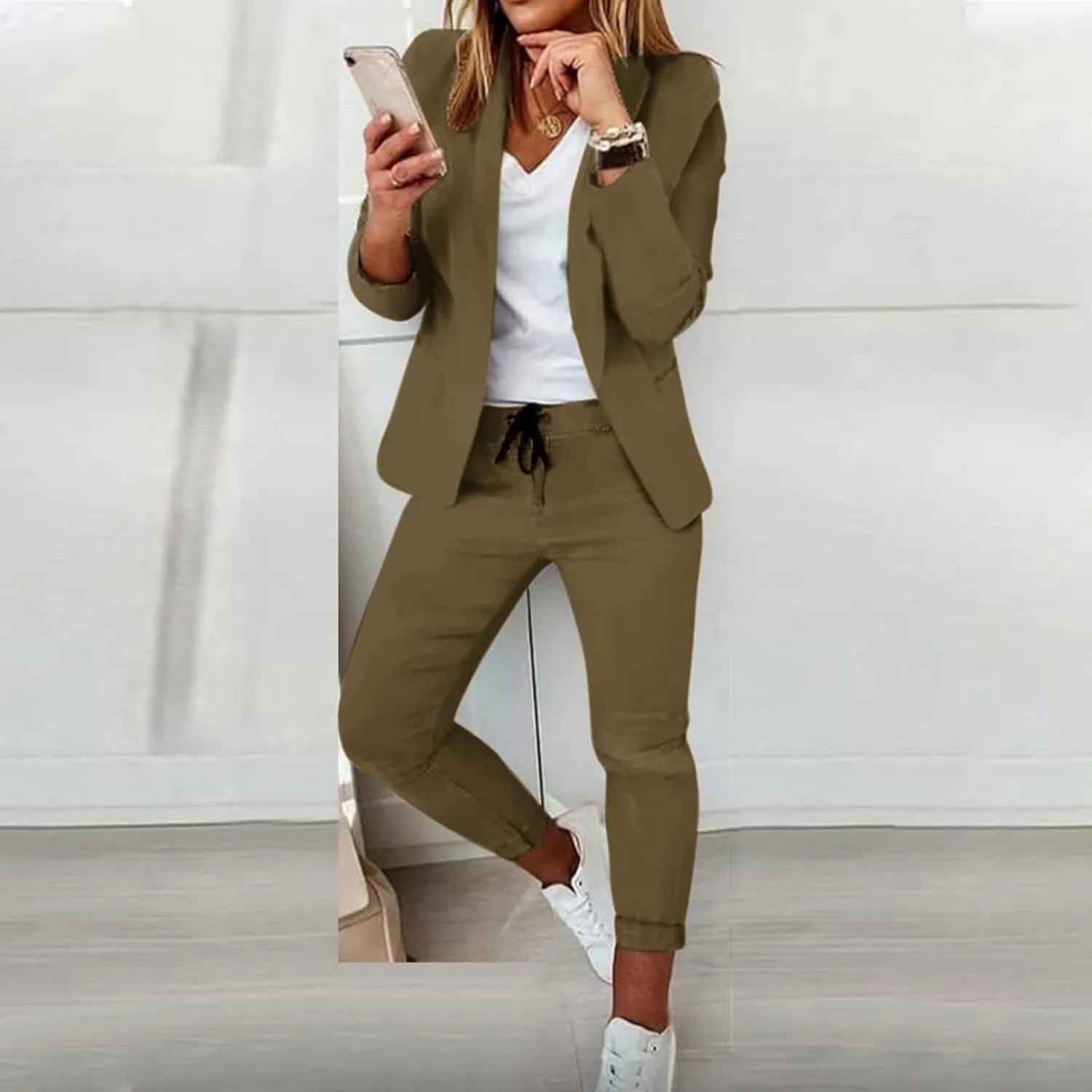 Women's Suit Coat and Pant Set Ladies Fashion Business Casual Loose Solid Long Blazer Coat & 3/4 Leg Pants 2PC Suit