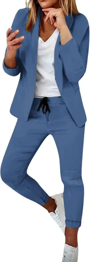 Women's Suit Coat and Pant Set Ladies Fashion Business Casual Loose Solid Long Blazer Coat & 3/4 Leg Pants 2PC Suit