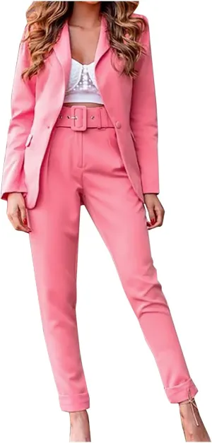 Women's Suit Coat and Pant Set Ladies Fashion Business Casual Loose Solid Long Blazer Coat & 3/4 Leg Pants 2PC Suit