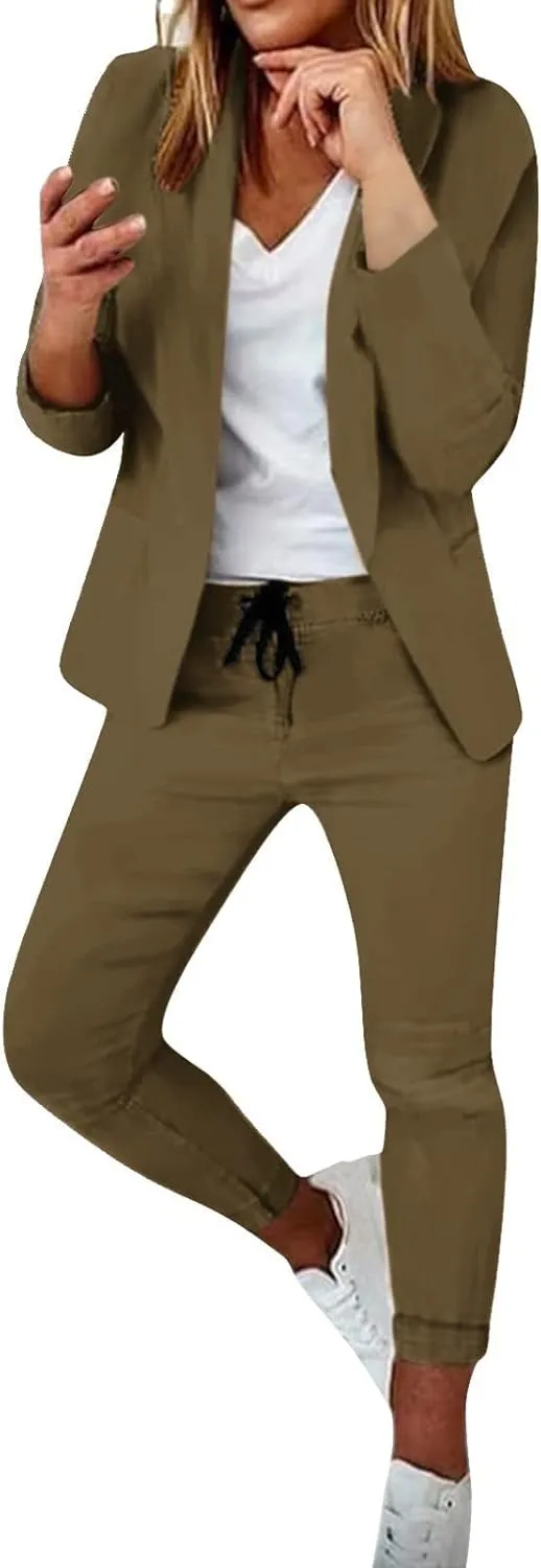 Women's Suit Coat and Pant Set Ladies Fashion Business Casual Loose Solid Long Blazer Coat & 3/4 Leg Pants 2PC Suit