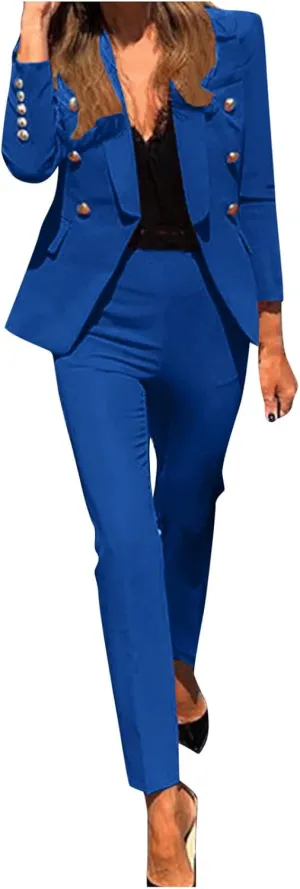 Women's Suit Coat and Pant Set Ladies Fashion Business Casual Loose Solid Long Blazer Coat & 3/4 Leg Pants 2PC Suit