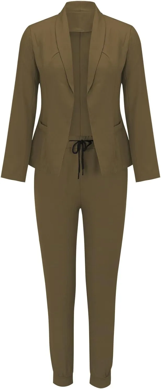 Women's Suit Coat and Pant Set Ladies Fashion Business Casual Loose Solid Long Blazer Coat & 3/4 Leg Pants 2PC Suit