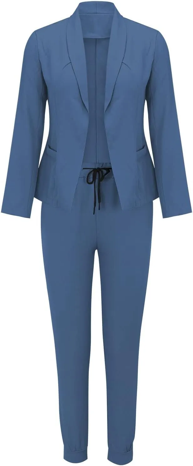 Women's Suit Coat and Pant Set Ladies Fashion Business Casual Loose Solid Long Blazer Coat & 3/4 Leg Pants 2PC Suit