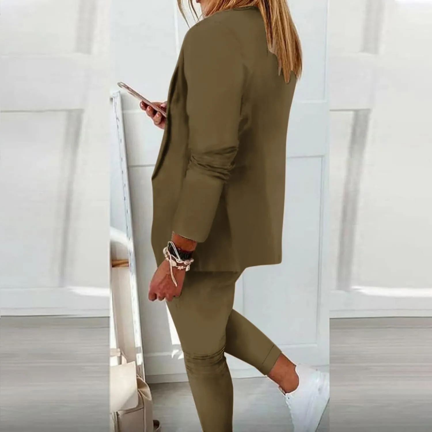 Women's Suit Coat and Pant Set Ladies Fashion Business Casual Loose Solid Long Blazer Coat & 3/4 Leg Pants 2PC Suit