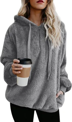 Yanekop Womens Hoodies Sherpa Pullover Sweater Fuzzy Fleece Sweatshirt Oversized Hoodie Cozy Outerwear with Pockets