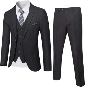 YND Men's Slim Fit 2 Button 3 Piece Suit Set, Solid Blazer Jacket Vest Pants & Tie