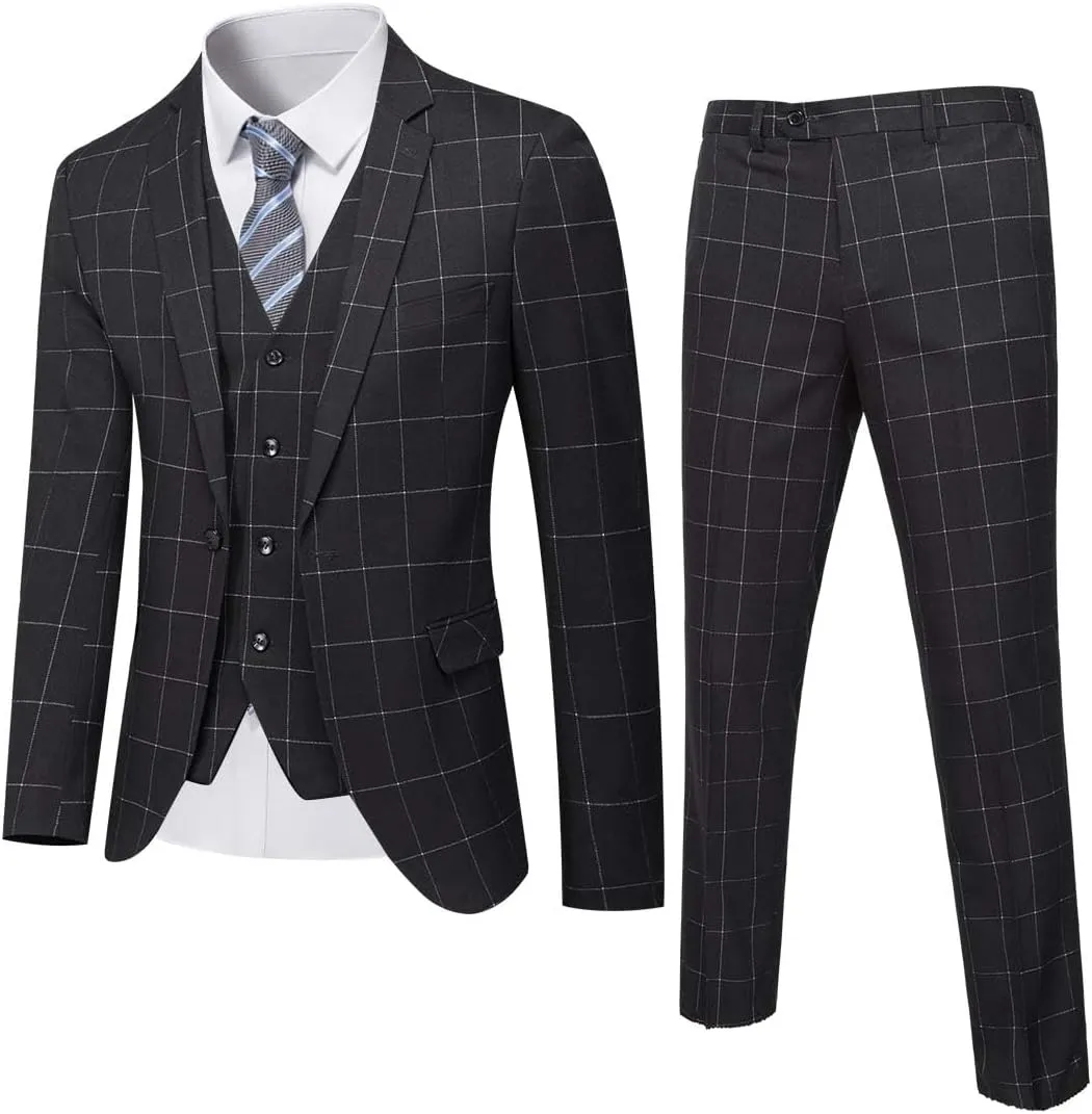 YND Men's Slim Fit 2 Button 3 Piece Suit Set, Solid Blazer Jacket Vest Pants & Tie