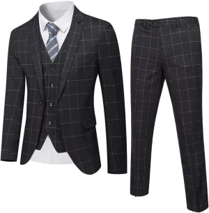 YND Men's Slim Fit 2 Button 3 Piece Suit Set, Solid Blazer Jacket Vest Pants & Tie
