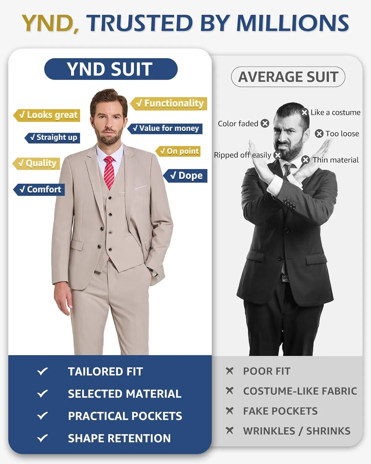 YND Men's Slim Fit 2 Button 3 Piece Suit Set, Solid Blazer Jacket Vest Pants & Tie