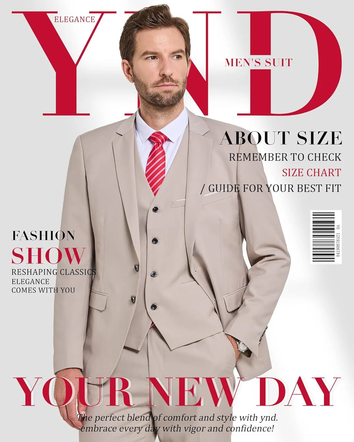 YND Men's Slim Fit 2 Button 3 Piece Suit Set, Solid Blazer Jacket Vest Pants & Tie