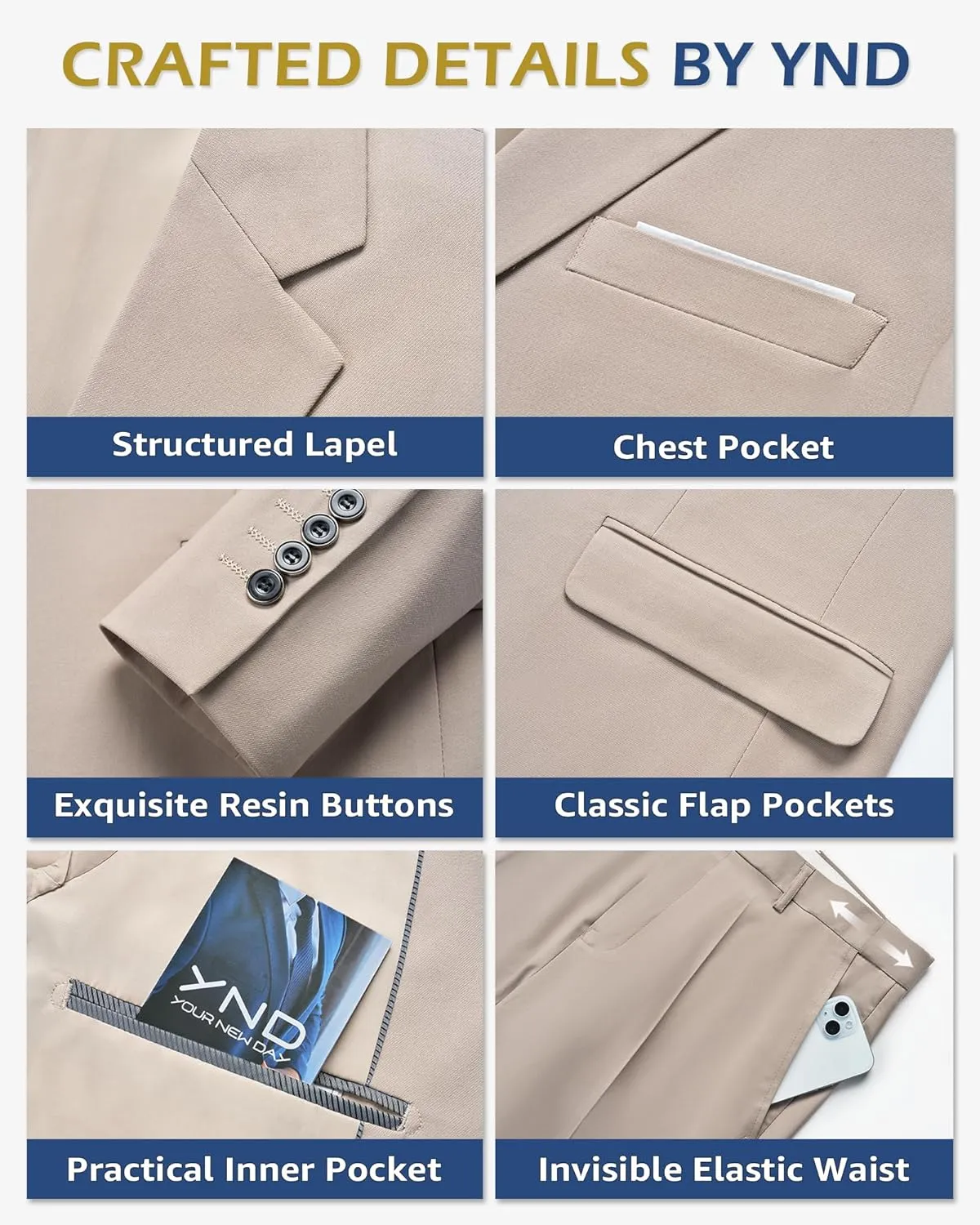 YND Men's Slim Fit 2 Button 3 Piece Suit Set, Solid Blazer Jacket Vest Pants & Tie