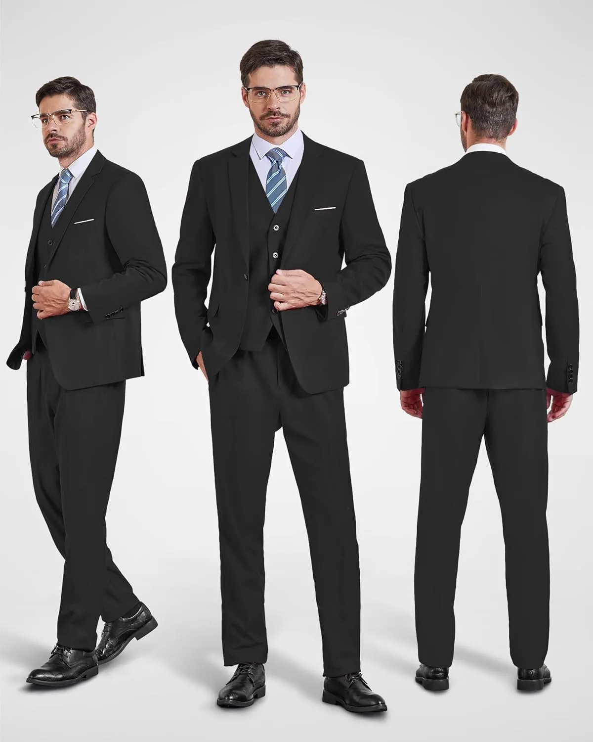 YND Men's Slim Fit 2 Button 3 Piece Suit Set, Solid Blazer Jacket Vest Pants & Tie